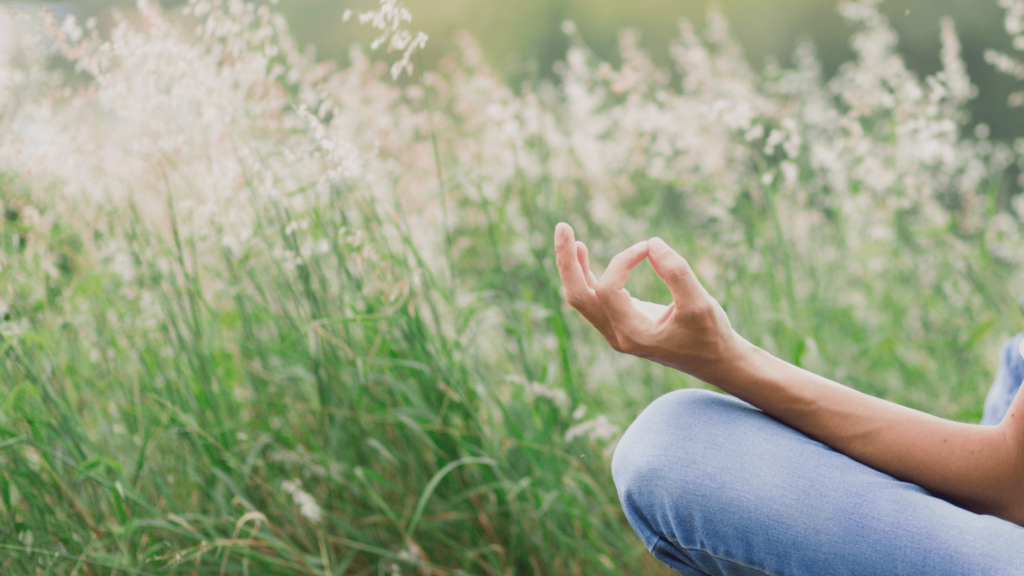 Person’s meditating hands in a grassy field